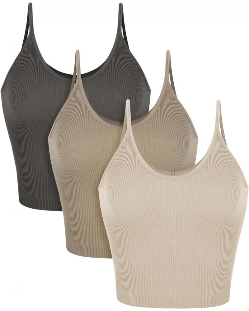 3-Pack V Neck Seamless Crop Tank for Women Ribbed Knit Soft Cropped Camisole Tops Mushroom+taupe+charcoal $9.89 Tanks