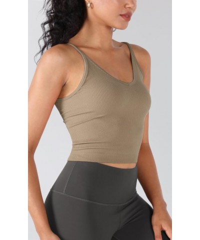 3-Pack V Neck Seamless Crop Tank for Women Ribbed Knit Soft Cropped Camisole Tops Mushroom+taupe+charcoal $9.89 Tanks