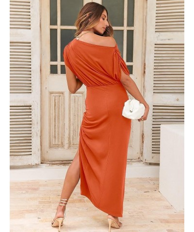 Women's Summer Off Shoulder Short Sleeve Wrap Slit Bodycon Maxi Elegant Dress Orange $28.31 Dresses