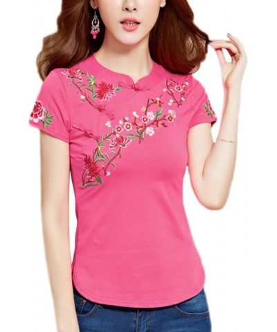 Women Chinese Traditional Floral Embroidered Blouse Top Short Sleeves Frog Buttons Slim Fit Cheongsam Shirt Pink $16.79 Blouses