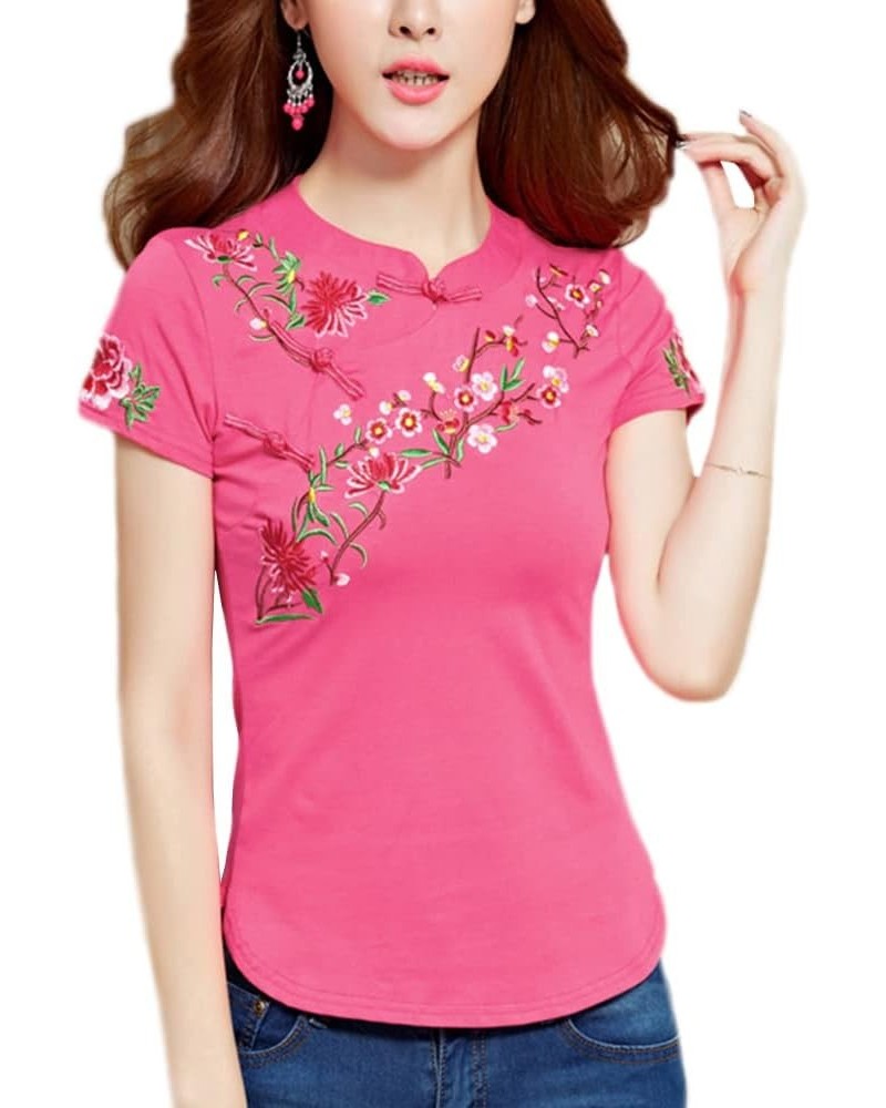 Women Chinese Traditional Floral Embroidered Blouse Top Short Sleeves Frog Buttons Slim Fit Cheongsam Shirt Pink $16.79 Blouses