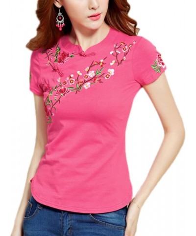 Women Chinese Traditional Floral Embroidered Blouse Top Short Sleeves Frog Buttons Slim Fit Cheongsam Shirt Pink $16.79 Blouses