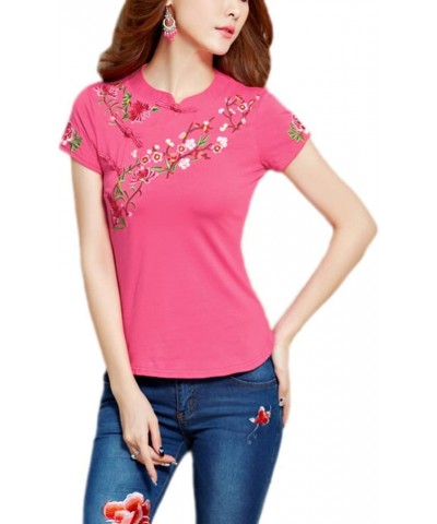 Women Chinese Traditional Floral Embroidered Blouse Top Short Sleeves Frog Buttons Slim Fit Cheongsam Shirt Pink $16.79 Blouses