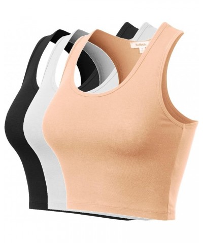 Women's Cotton Basic Sleeveless Racerback Sports Crop Tank Top 3pack - Black/White/Khaki $9.51 Activewear