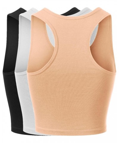 Women's Cotton Basic Sleeveless Racerback Sports Crop Tank Top 3pack - Black/White/Khaki $9.51 Activewear