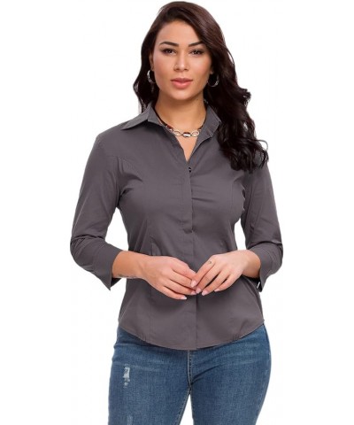 Womens Button Down Shirts Official Formal 3/4 Sleeve White Stretch Blouse Summer Dress Shirt Dark Grey $17.35 Blouses