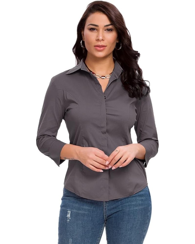 Womens Button Down Shirts Official Formal 3/4 Sleeve White Stretch Blouse Summer Dress Shirt Dark Grey $17.35 Blouses