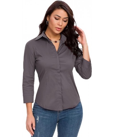 Womens Button Down Shirts Official Formal 3/4 Sleeve White Stretch Blouse Summer Dress Shirt Dark Grey $17.35 Blouses