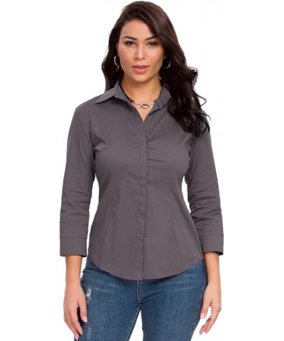 Womens Button Down Shirts Official Formal 3/4 Sleeve White Stretch Blouse Summer Dress Shirt Dark Grey $17.35 Blouses