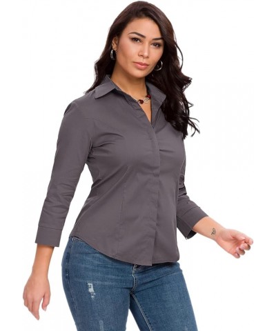 Womens Button Down Shirts Official Formal 3/4 Sleeve White Stretch Blouse Summer Dress Shirt Dark Grey $17.35 Blouses