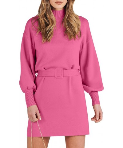 Women's Sweater Dress 2023 Winter Casual Long Sleeve Mock Neck Tie Waist Elegant Knit Mini Dresses Hot Pink $27.53 Sweaters