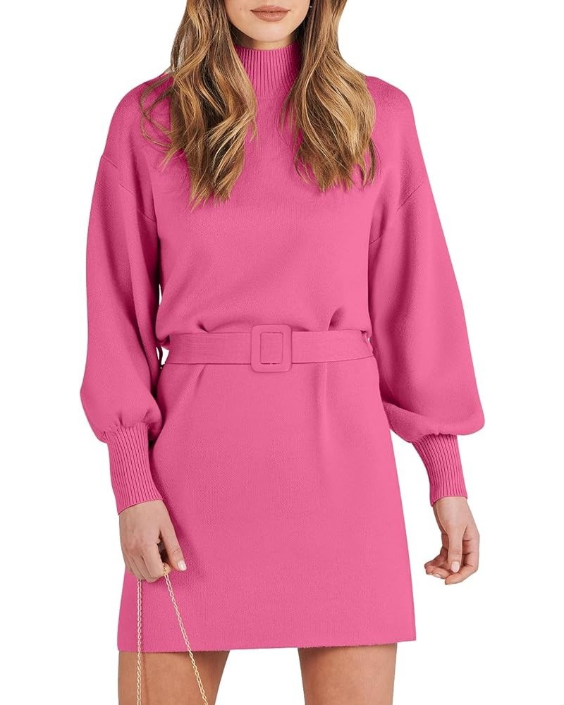 Women's Sweater Dress 2023 Winter Casual Long Sleeve Mock Neck Tie Waist Elegant Knit Mini Dresses Hot Pink $27.53 Sweaters