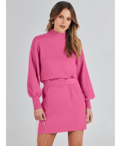 Women's Sweater Dress 2023 Winter Casual Long Sleeve Mock Neck Tie Waist Elegant Knit Mini Dresses Hot Pink $27.53 Sweaters