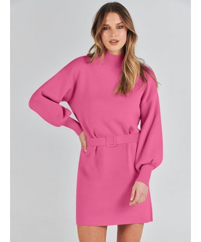 Women's Sweater Dress 2023 Winter Casual Long Sleeve Mock Neck Tie Waist Elegant Knit Mini Dresses Hot Pink $27.53 Sweaters