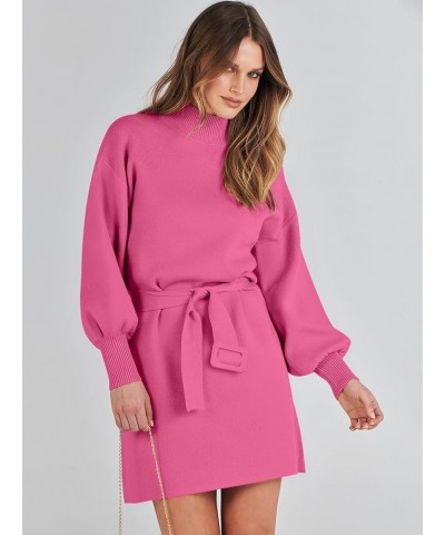 Women's Sweater Dress 2023 Winter Casual Long Sleeve Mock Neck Tie Waist Elegant Knit Mini Dresses Hot Pink $27.53 Sweaters