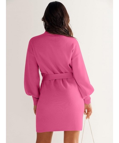 Women's Sweater Dress 2023 Winter Casual Long Sleeve Mock Neck Tie Waist Elegant Knit Mini Dresses Hot Pink $27.53 Sweaters