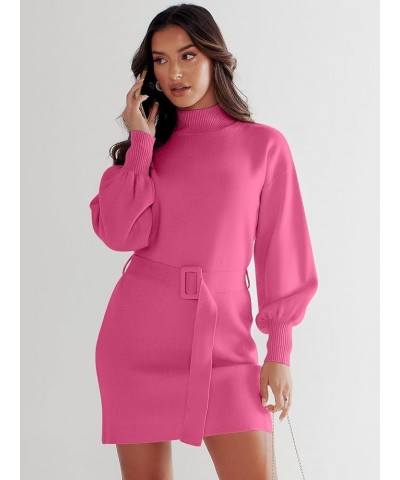 Women's Sweater Dress 2023 Winter Casual Long Sleeve Mock Neck Tie Waist Elegant Knit Mini Dresses Hot Pink $27.53 Sweaters