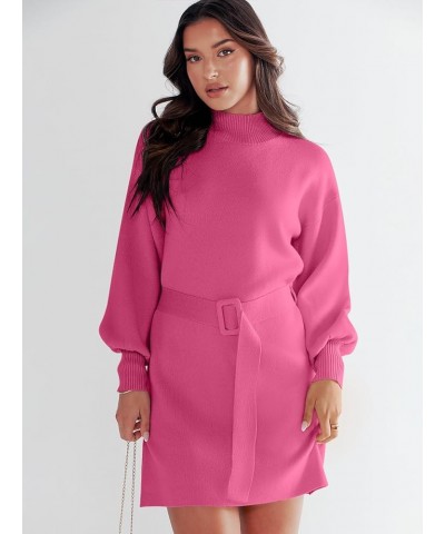 Women's Sweater Dress 2023 Winter Casual Long Sleeve Mock Neck Tie Waist Elegant Knit Mini Dresses Hot Pink $27.53 Sweaters