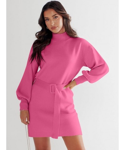 Women's Sweater Dress 2023 Winter Casual Long Sleeve Mock Neck Tie Waist Elegant Knit Mini Dresses Hot Pink $27.53 Sweaters