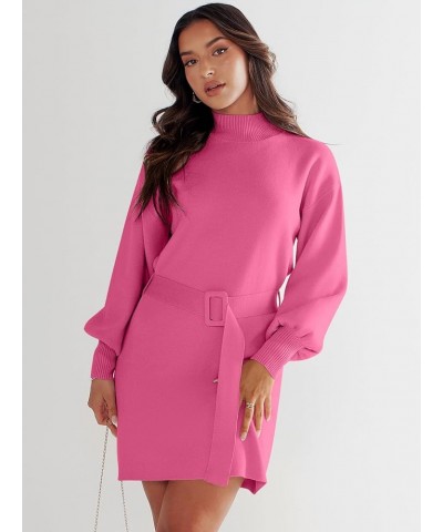 Women's Sweater Dress 2023 Winter Casual Long Sleeve Mock Neck Tie Waist Elegant Knit Mini Dresses Hot Pink $27.53 Sweaters