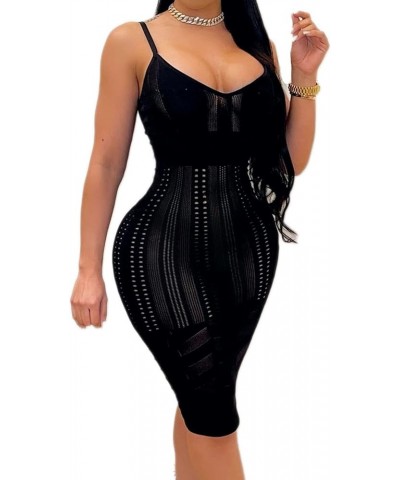 Women Sexy V Neck Spaghetti Straps Mesh Patchwork Mini Dress See Through Bodycon Party Club Night Out Mini Dress Black-2522 $...