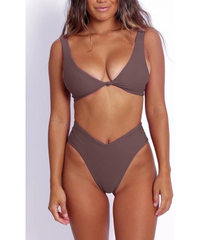 Bikini Set for Women Solid V Neck Knot Front Push Up High Leg Thong Two Piece Swimsuit Coffee $18.89 Swimsuits