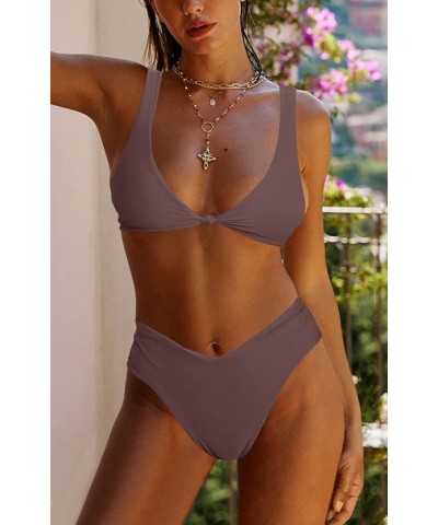 Bikini Set for Women Solid V Neck Knot Front Push Up High Leg Thong Two Piece Swimsuit Coffee $18.89 Swimsuits