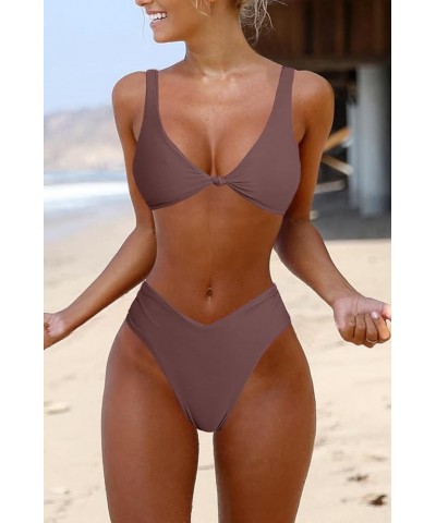 Bikini Set for Women Solid V Neck Knot Front Push Up High Leg Thong Two Piece Swimsuit Coffee $18.89 Swimsuits