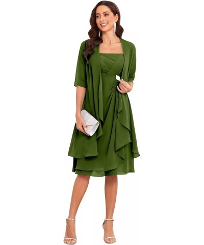 Mother of The Bride Dresses for Wedding 2 Pieces Half Sleeve Chiffon Pleated Formal Dress with Jacket Olive Green $36.75 Dresses