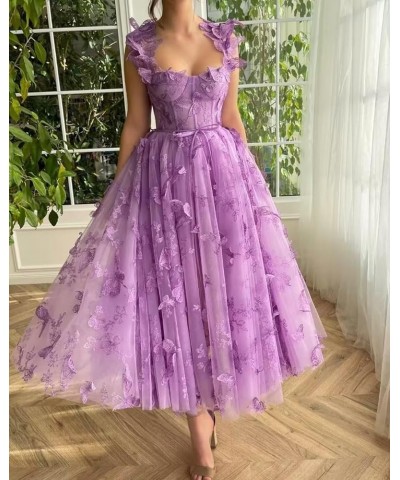 Women's Tulle Prom Dresses 3D Butterflies Spaghetti Straps Formal Evening Gowns Sweetheart Tea Length Party Dress Burnt Orang...