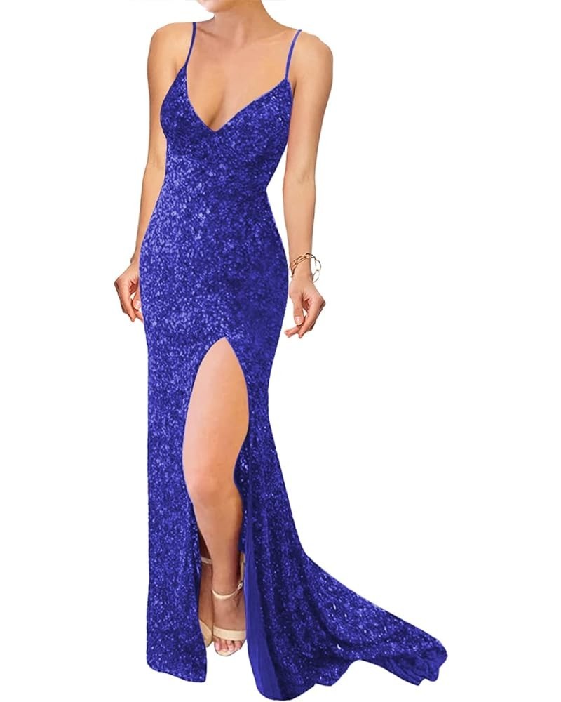 Prom Dress Long Formal Evening Dresses Sequin One Shoulder Wedding Guest Dresses Slit Royal Blue-v-neck $37.74 Dresses