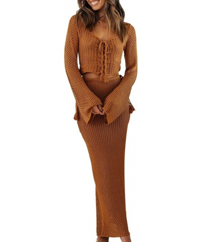 Women's 2 Piece Hollow Crochet Out Sets Knitted Y2k Sexy Long Sleeve Crop Tops And Maxi Skirt Clubwear Z1 Brown $19.37 Suits