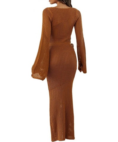 Women's 2 Piece Hollow Crochet Out Sets Knitted Y2k Sexy Long Sleeve Crop Tops And Maxi Skirt Clubwear Z1 Brown $19.37 Suits