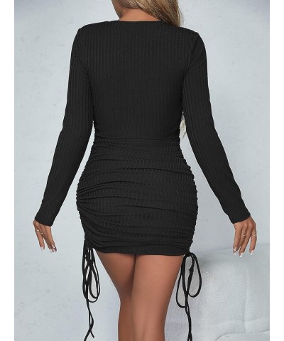 Women's Casual Rib Knit Short Sleeve Drawstring Ruched Bodycon Mini T Shirt Dress Long Sleeve Black $15.75 Dresses