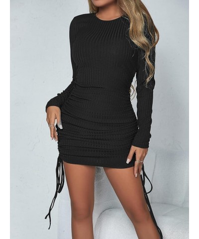 Women's Casual Rib Knit Short Sleeve Drawstring Ruched Bodycon Mini T Shirt Dress Long Sleeve Black $15.75 Dresses