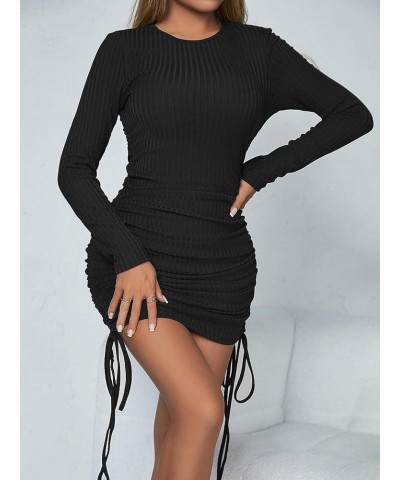 Women's Casual Rib Knit Short Sleeve Drawstring Ruched Bodycon Mini T Shirt Dress Long Sleeve Black $15.75 Dresses