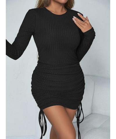 Women's Casual Rib Knit Short Sleeve Drawstring Ruched Bodycon Mini T Shirt Dress Long Sleeve Black $15.75 Dresses