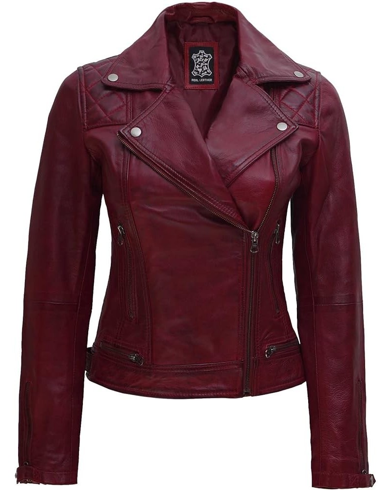 Womens Leather Jacket - Red Motorcycle Leather Jackets for Women Maroon - Kimberley Leather Jacket $85.36 Coats