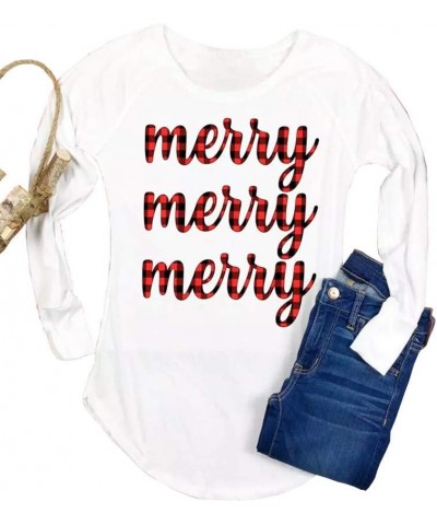 Women's Buffalo Plaid Tees Casual Long Sleeve Merry Letter Print Graphic Blouse Tops White $6.88 Blouses