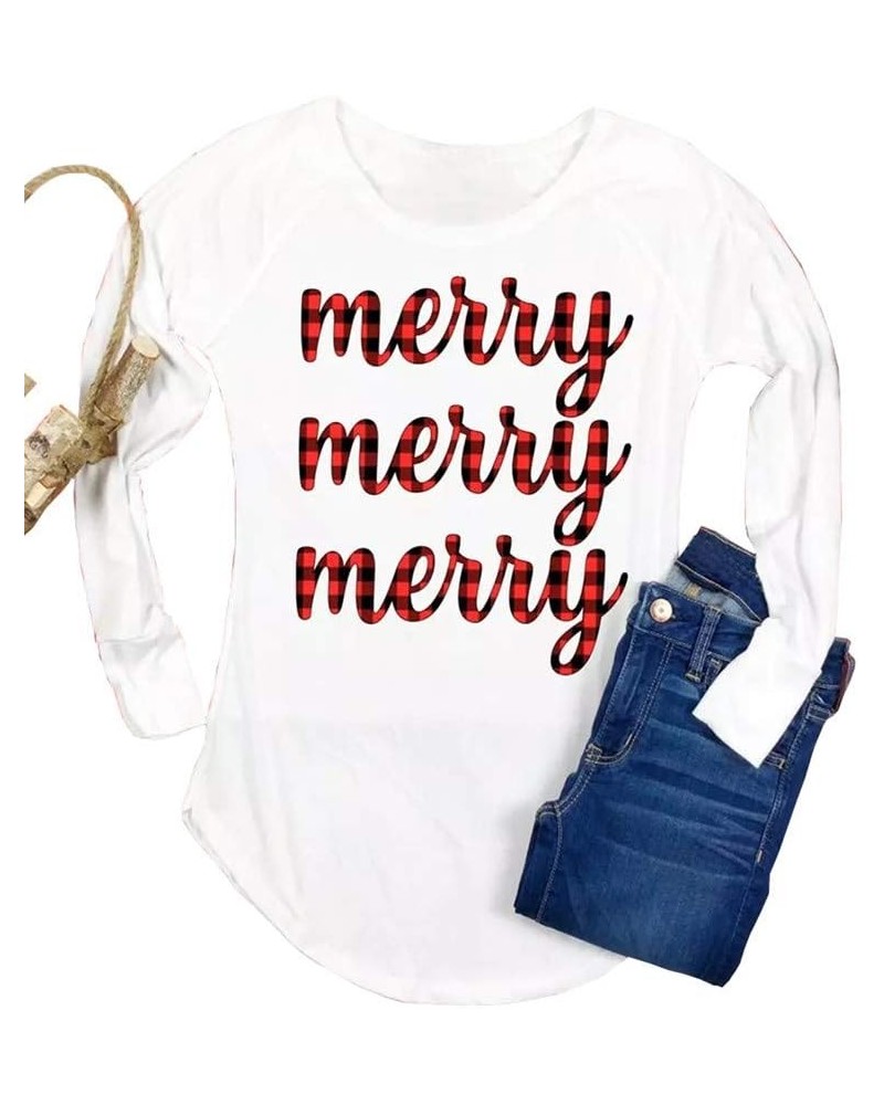 Women's Buffalo Plaid Tees Casual Long Sleeve Merry Letter Print Graphic Blouse Tops White $6.88 Blouses