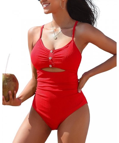 Women Ruched One Piece Swimsuits Ribbed Ruched Cutout Bathing Suits Tummy Control Tie Back Modest Swimwear Red $19.00 Swimsuits