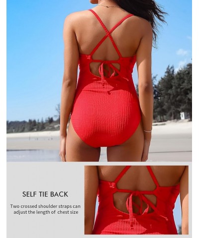 Women Ruched One Piece Swimsuits Ribbed Ruched Cutout Bathing Suits Tummy Control Tie Back Modest Swimwear Red $19.00 Swimsuits