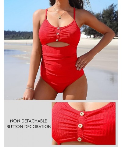 Women Ruched One Piece Swimsuits Ribbed Ruched Cutout Bathing Suits Tummy Control Tie Back Modest Swimwear Red $19.00 Swimsuits