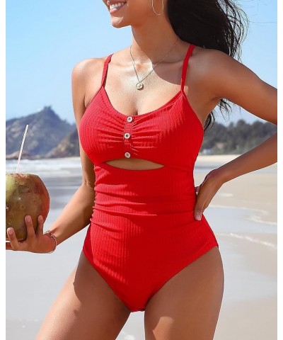 Women Ruched One Piece Swimsuits Ribbed Ruched Cutout Bathing Suits Tummy Control Tie Back Modest Swimwear Red $19.00 Swimsuits