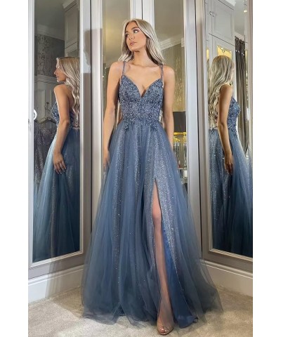 Glitter V Neck Tulle Prom Dresses Lace Appliques Ball Gown for Women A Line Spaghetti Straps Formal Dresses with Split Pea Gr...