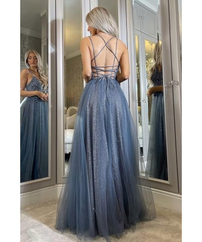 Glitter V Neck Tulle Prom Dresses Lace Appliques Ball Gown for Women A Line Spaghetti Straps Formal Dresses with Split Pea Gr...