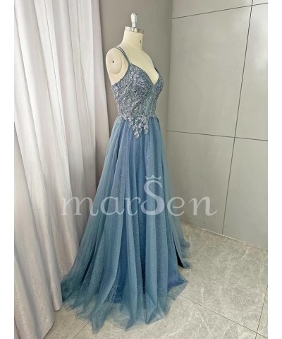 Glitter V Neck Tulle Prom Dresses Lace Appliques Ball Gown for Women A Line Spaghetti Straps Formal Dresses with Split Pea Gr...