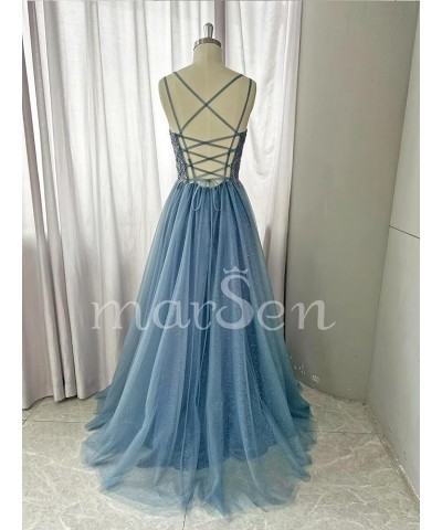 Glitter V Neck Tulle Prom Dresses Lace Appliques Ball Gown for Women A Line Spaghetti Straps Formal Dresses with Split Pea Gr...