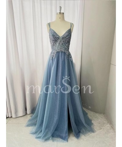 Glitter V Neck Tulle Prom Dresses Lace Appliques Ball Gown for Women A Line Spaghetti Straps Formal Dresses with Split Pea Gr...