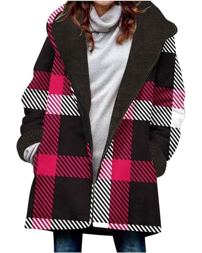 Jackets for Women Casual Winter Hooded Long Sleeve Zip Plaid Fleece Lined Coats Oversized Cozy Warm Coat with Pockets A01_a13...